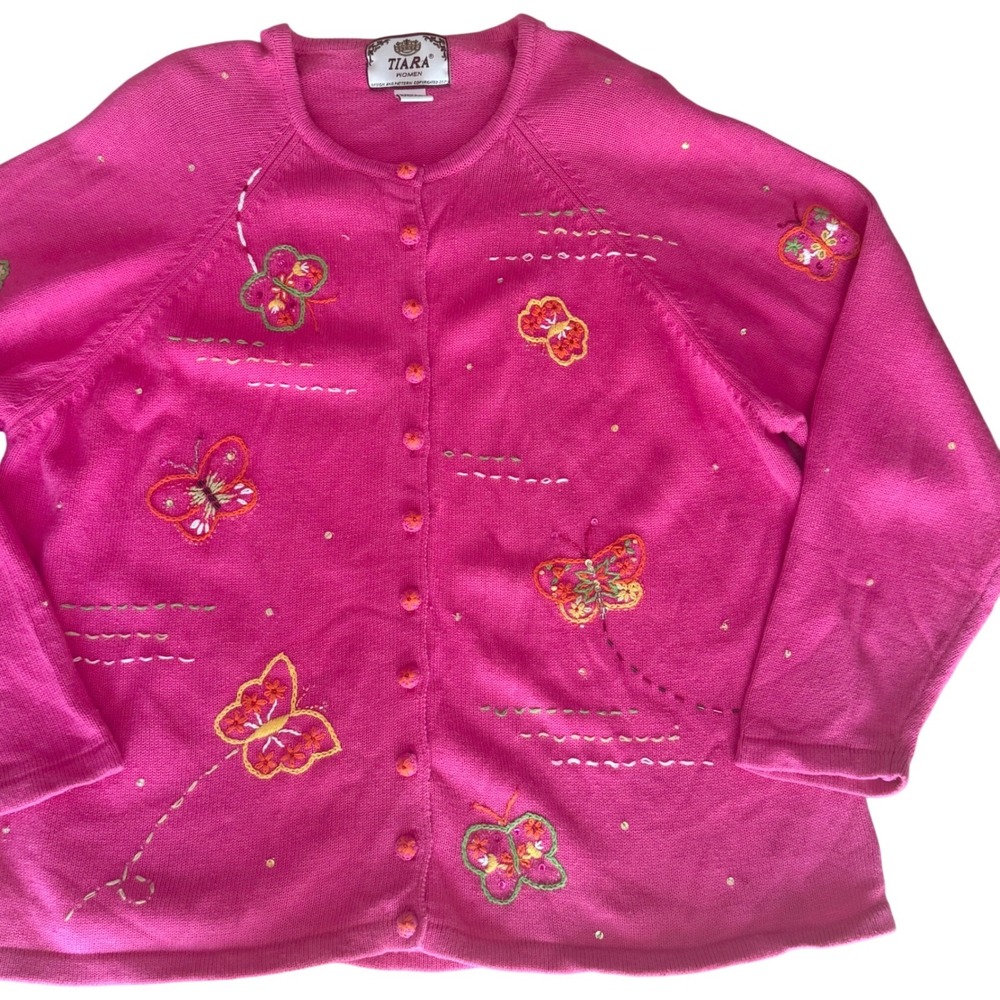 Vintage Y2K Tiara 22/24 Pink Butterfly Embroidered Cardigan Sweater Ramie Cotton